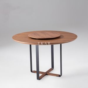 Wooden Walnut Metal Legs Round Dining Table With Rotating Centre