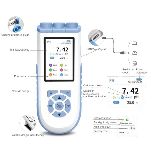 Portable TypeC Rechargeable pH Meter Laboratory Meter With PC Software