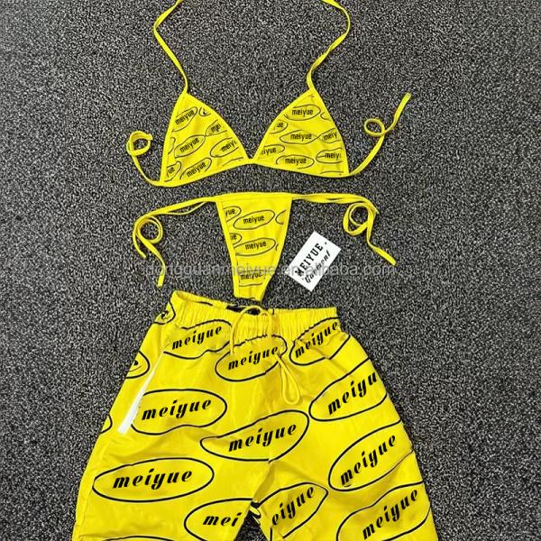 Custom Hawaiian 3 Pieces Set Summer Swimwear Beachwear Sexy Underwire Bikini Cover up Set Bikini Women Nylon Shorts Bikini Set