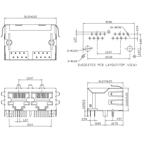 5406566-2 10/100 Base-T 1x2 Port Without Magnetics RJ45 Ethernet Connector Modules LPJEF102CNL