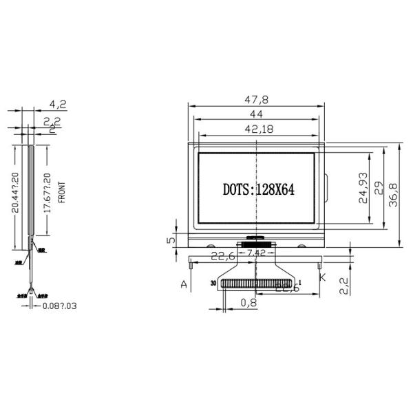 30 Pin 6 O'Clock 12864 Dots Matrix Graphic LCD Display Module