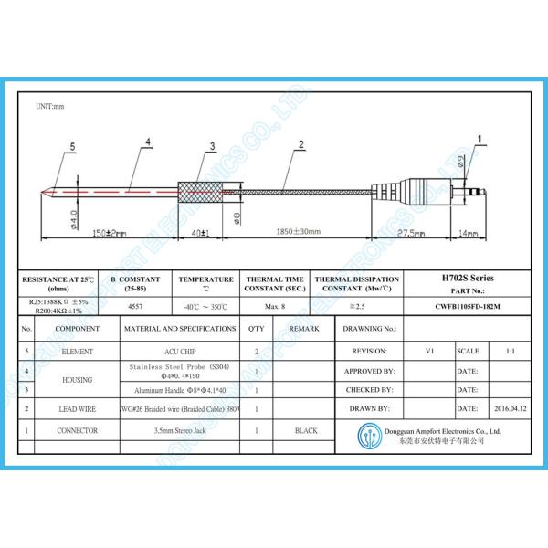 Oven PT1000 4070K Thermistor Temperature Sensors 100KOHM Food Temperature Probe