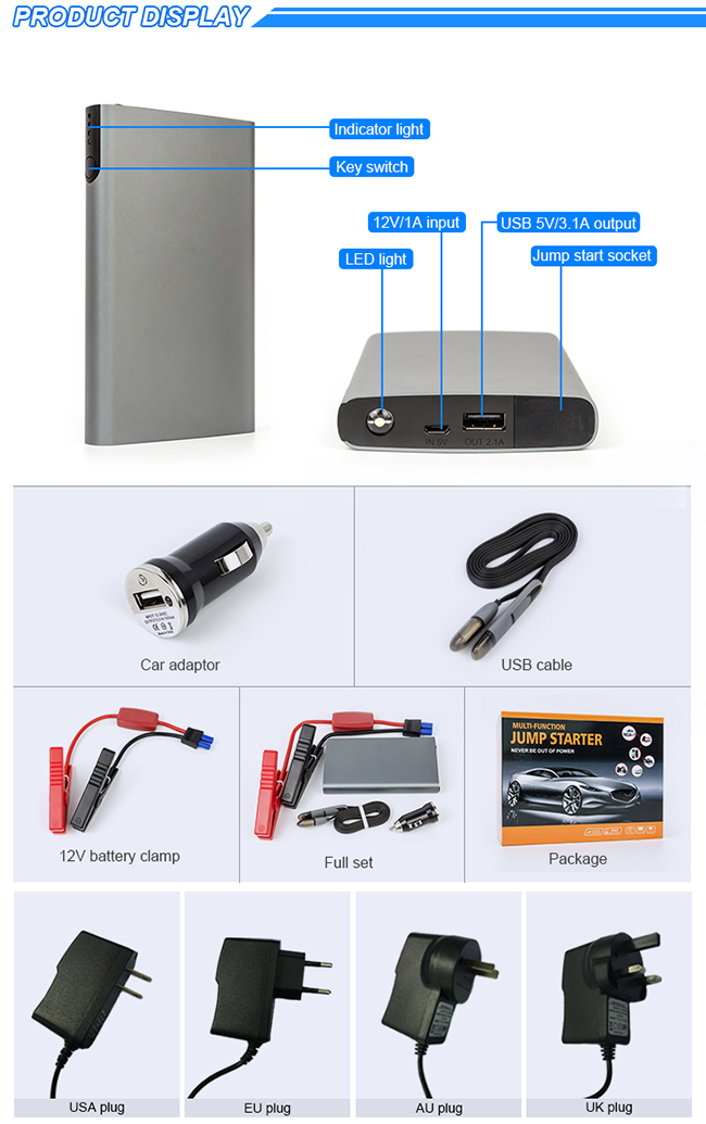 12v Emergency Car Battery Charger Jump Start Starter Kit With Aluminum Cover