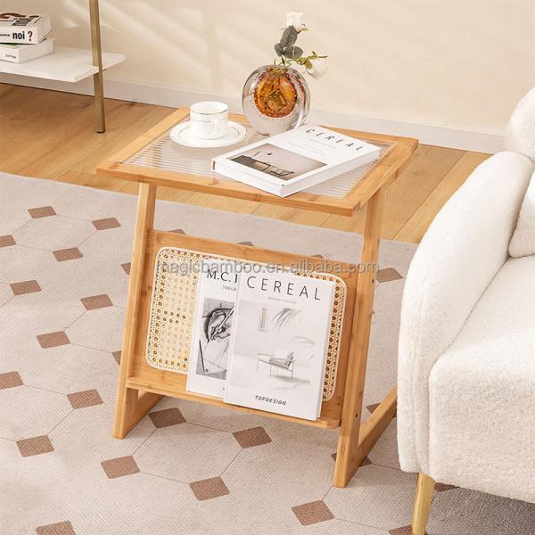 Natural Color Z-Shaped Bamboo And Rattan End Table With Glass Top And Magazine Rack