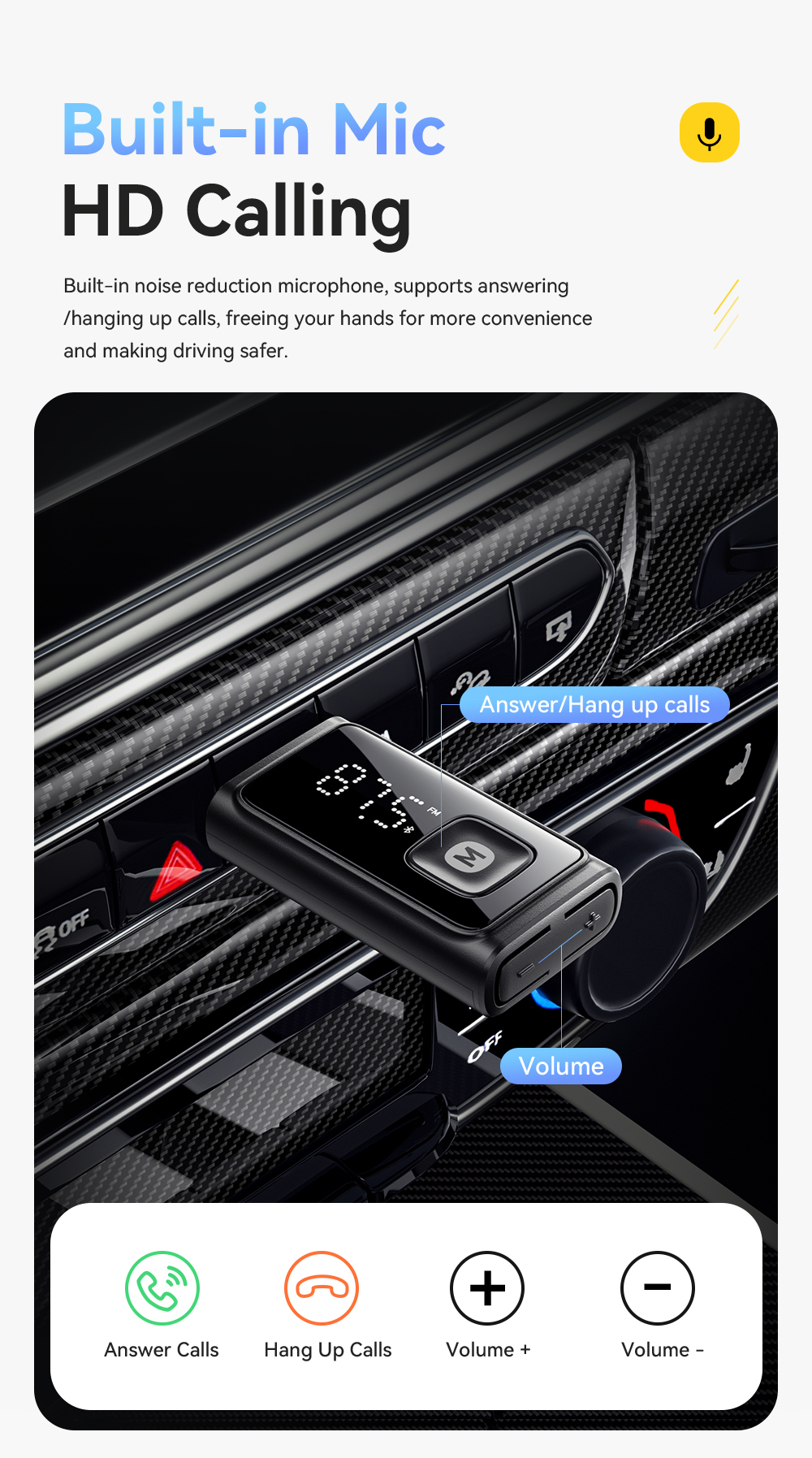 Bluetooth 5.4 FM Car Adapter with 10m Range USB-A