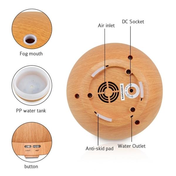 400ML Sphere Dark Wood Grain Ultrasonic Air Humidifier Purifier Aroma Diffuser