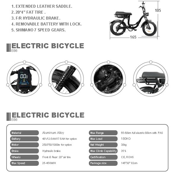 EB8 Extended Leather Saddle Fat Tire Electric Bike With 20" Air Tire