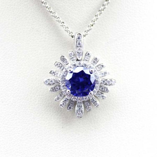 Sterling Silver 8mm Round Blue Topaz CZ Diamonds Pendant Necklace (P07)