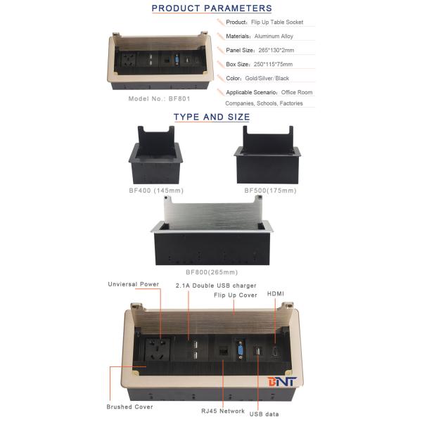 Conference table flip open brush socket with power data connectors