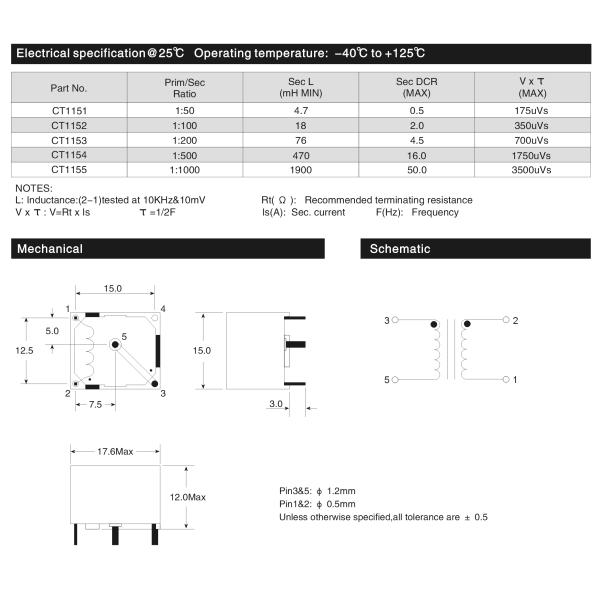 1:200 Current Sense Transformer Encapsulated PCB Mounting