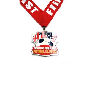 Red Ribbon Custom Metal Medals And Awards with national flags