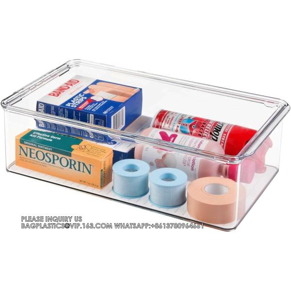 Plastic Bathroom Vanity Organizer Bin With Lid For Medication, Accessories, Cosmetics And More, 7.25" X 10.75" X 5"
