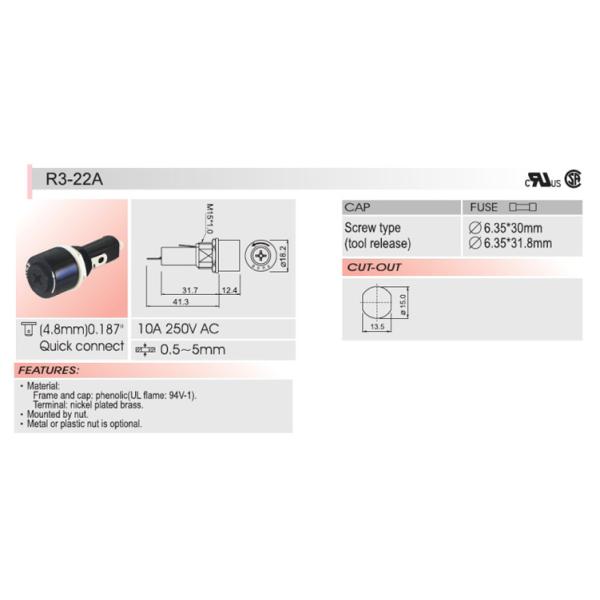 Screw Type 6x30mm 3AG Scoket Cylindrical Fuse Holder R3-22A With Hole 15mm