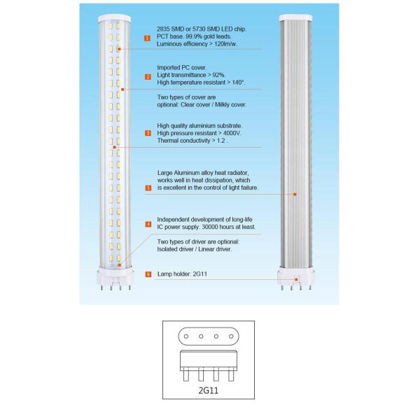 1100-1300lm 2G11 Led Bulb 11w 12w Pl Lamp 220V 110V For Supermarket