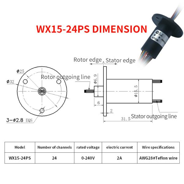 24 Circuit 2A OD 15.5mm Rotating Slip Ring 150RPM Suitable For Robot Turntable