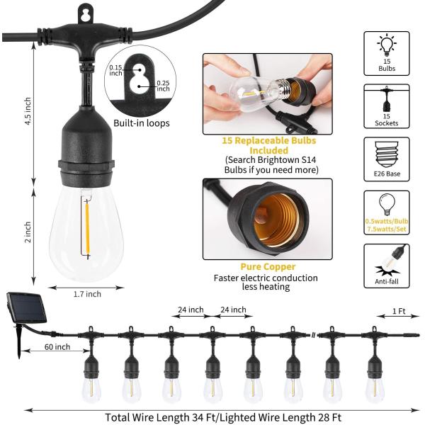 S14 Solar Light Bulb String Light 34Ft Patio Light Bulbs Shatterproof