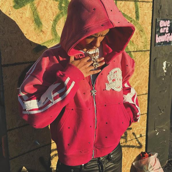 Men's Customized Size Embroidery Distressed Hoodie Zip Jacket With Acid Wash And Vintage Rhinestone Print Streetwear Fashion