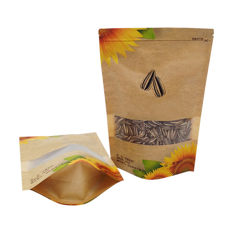 Water Proof Resealable Ziplock Kraft Stand Up Pouches With Window For Sunflower Seed Nuts Food Packaging