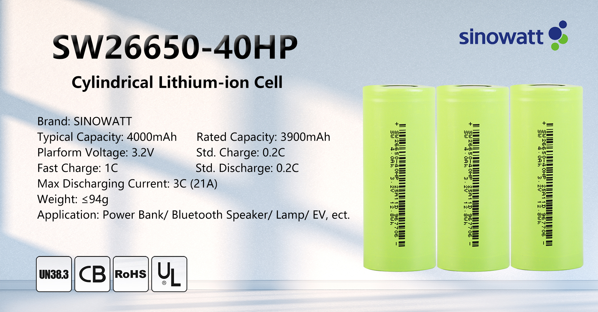 SW26650-40HP Powerful 26650 Cell 3.2V 4000mAh LiFePO4 Cylindrical Battery High Discharge 3C 12A 26650 Cell 26650 LFP Battery