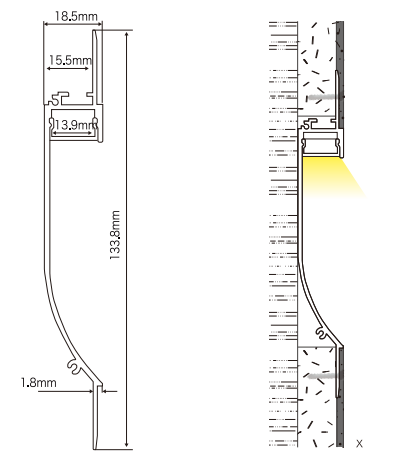 19*134mm LED Aluminium Profile For Drywall Indirect Light