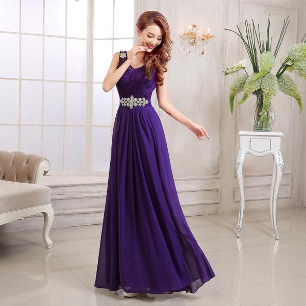 Chiffon Long Section Bridesmaid Dress Double Shoulder Straps Beading Sash Toast Dress
