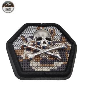 China Hexagon Skull Crossbones Custom Cloth Patches Fashion 3D Embroidery Technics wholesale