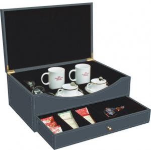 China PU Hotel Leather Products Tea Set Coffee Mug Packet Tray With Drawer And Lid wholesale