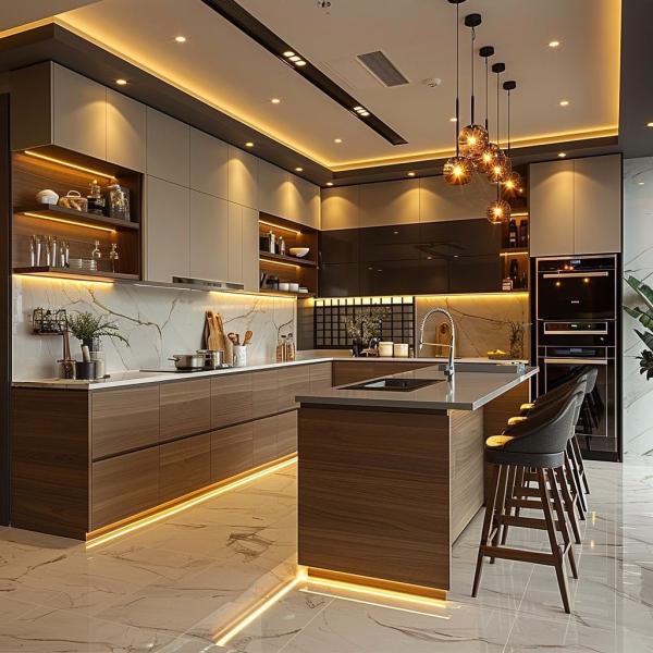Modern Custom Kitchen Cabinet With Quartz Island Worktop For High-End Villa Living Room Home Furniture