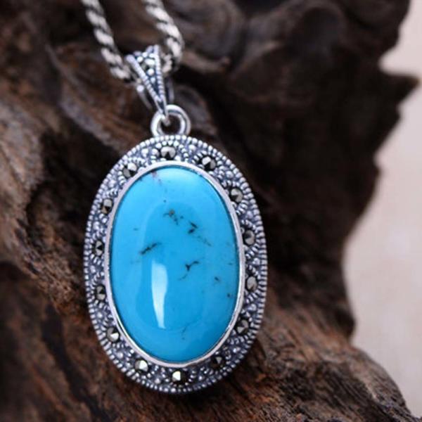 Women Vintage Necklace Sterling Silver Oval Turquoise Marcasite Charm Pendant (XH052566 )