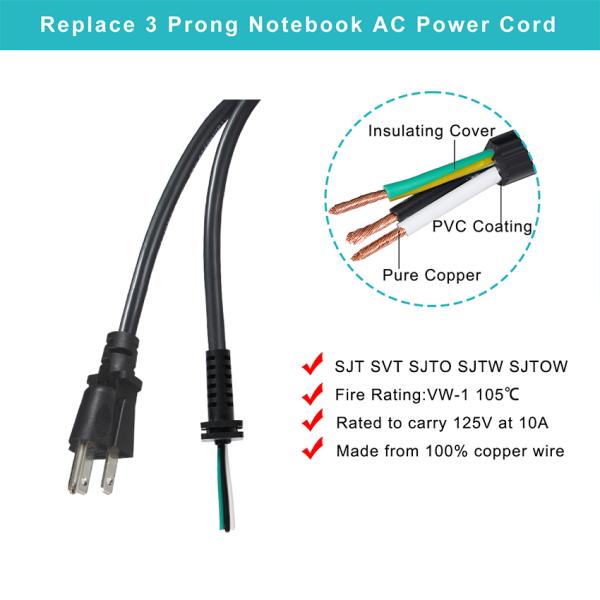 18AWG NEMA 5-15P to Stripped End Power Cord for Appliances