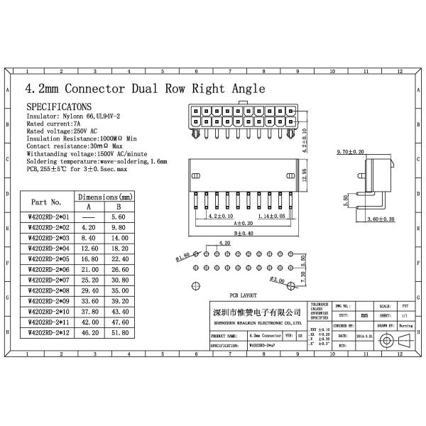 4.2 Mm Pitch Wafer Connector Right Angle Coppy Alloy Contact Material