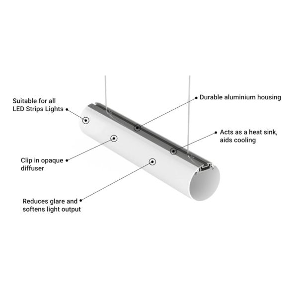 Suspended Round Aluminum LED Profile 30mm 60mm 120mm Diameter With PC Diffused Cover Led Strip Light