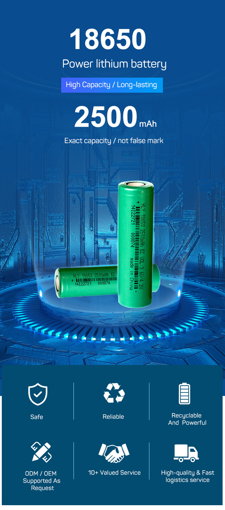 3C 18650 3.6V 2500mAh EC Rechargeable Li Ion Battery For Torch