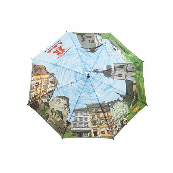 Customized Printed Auto Open Stick Umbrella Curved Handle Unique Canopy