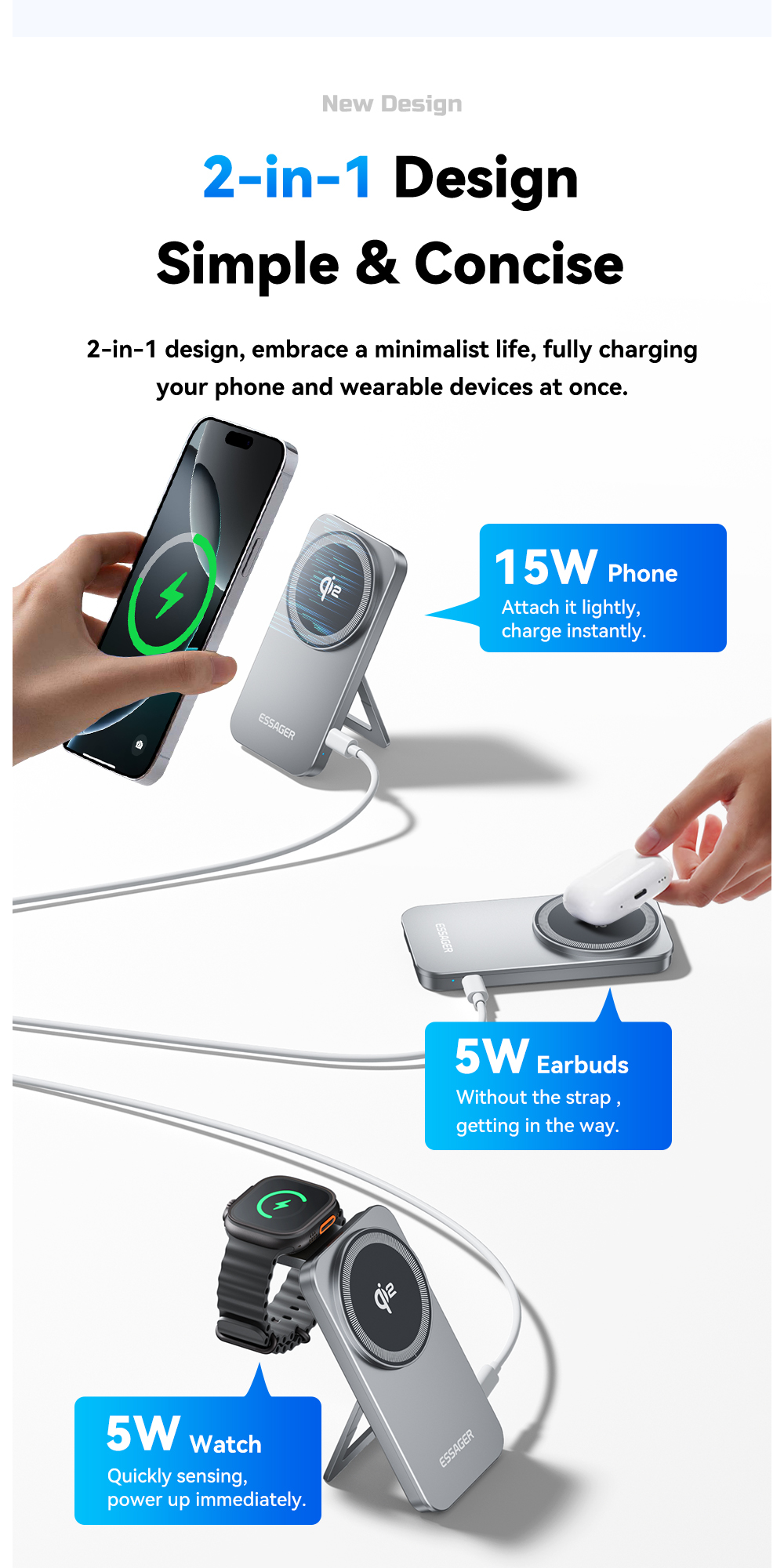 ESSAGER OJD-135 Desktop 2 In 1 15W Qi2 Magnetic Wireless Charger For Phone Watch