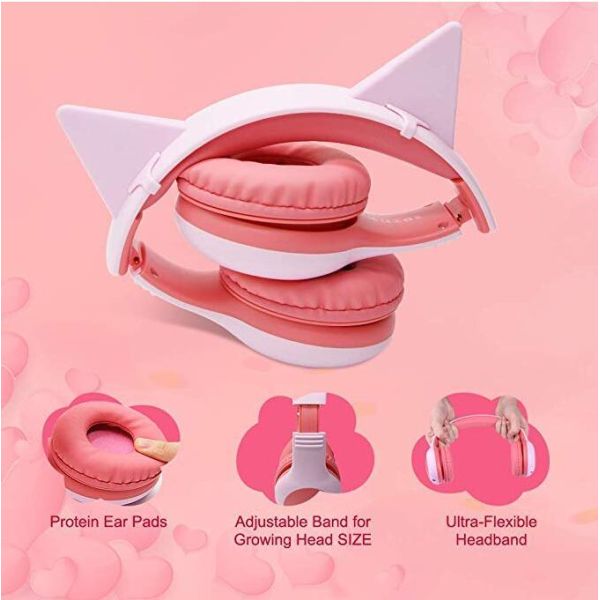 Wired Foldable Cat Ear Headphones (hearing protection lever-shaped, LED light, 3.5mm audio jack, suitable for children)