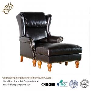 Black Leather Lounge Chair With Ottoman Wood / Metal Frame Wingback