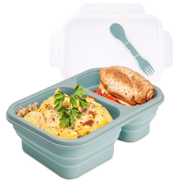 2 Compartments Collapsible Lunch Containers With Lid Lunchbox With Utensils Foldable Silicone Bento For Adults BPA Free