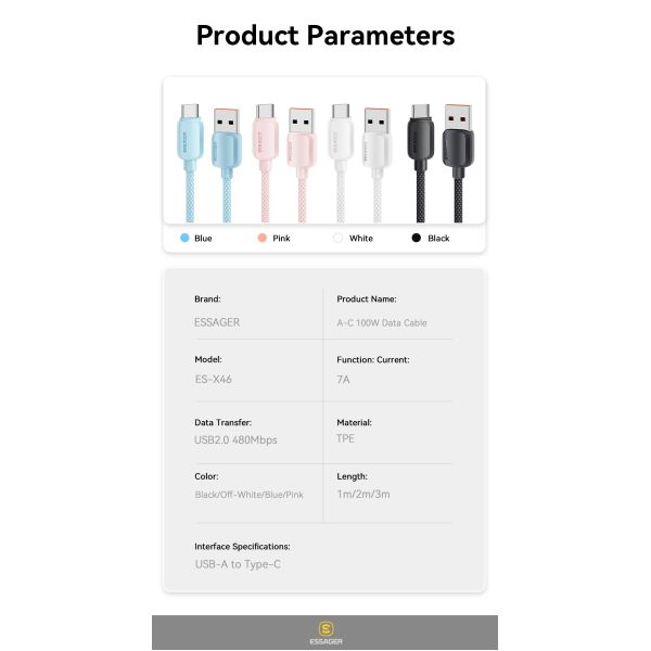 Nylon TPE Material USB A To C Cable 100W ESSAGER ES-X46