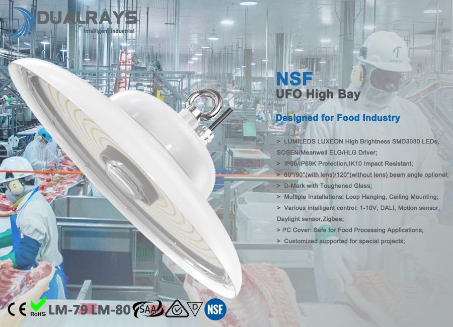 Dualrays NSF IP69K IK10 UFO High Bay Light For Food Industry
