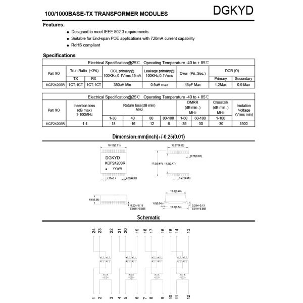 1000BASE-TX 1000M Ethernet Transformer KGP2420SR 24PIN
