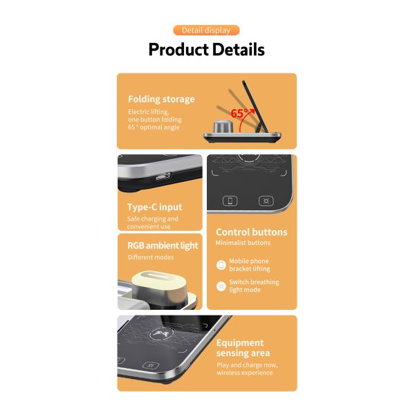 9V 2A 4 In 1 Wireless Charging Stand With RGB Nightlight