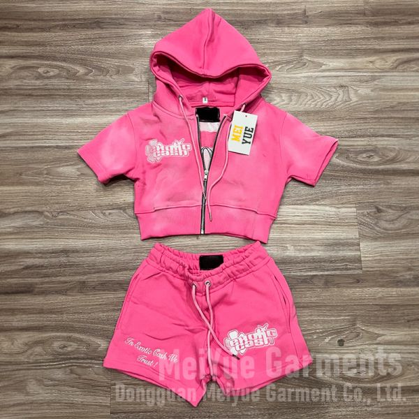 Custom Cropped Top Acid Washed Vintage Zip up French Terry Zip up Hoodie Women Ladies Jogging Suit Hoodie and Shorts Set