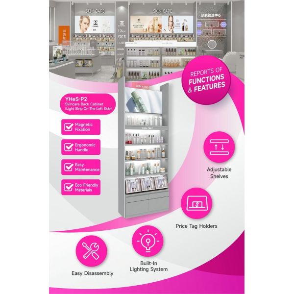YHeS-P2 Price Tag Holder Skincare Display Cabinet with Milk White LED Tube