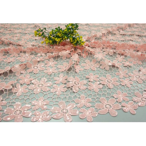 Chemical lace with Red/Pink /Orange Color + Embroidery 3 mm Sequin Lace Fabric