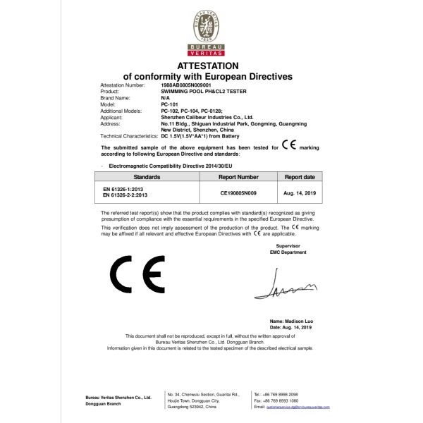 CL2 Tester 2 In 1 Water Quality PH & Chlorine PC-102 - Water Quality Testing Device for Swimming Pools & Aquariums