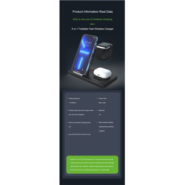 15W Fodable Wireless Charging Station in White/Black/Green/Purple/Pink