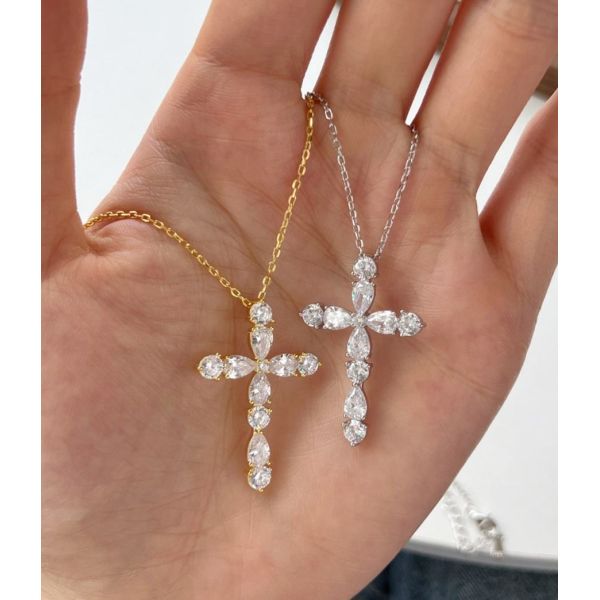 Customize 925 Sterling Silver Cross Necklace 18k Silver Cross And Chain Ladies