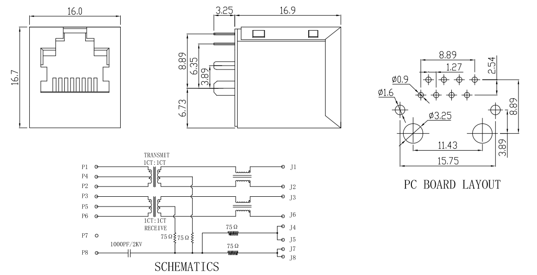 8 Pin Network RJ45 Connector Transformer Filter Contact Material Phosphor Bronze