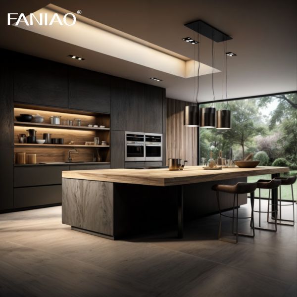 Modern Black Gloss Melamine Kitchen Cabinets with Panel Hinge Faucet Drawer Basket Villa Kitchen Cabinets